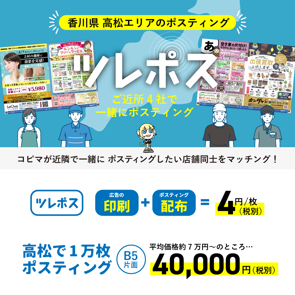 香川県高松市のポスティングサービス『ツレポス』の概要バナー。広告印刷と配布を4円で提供し、1万枚ポスティングを4万円で案内するデザイン。